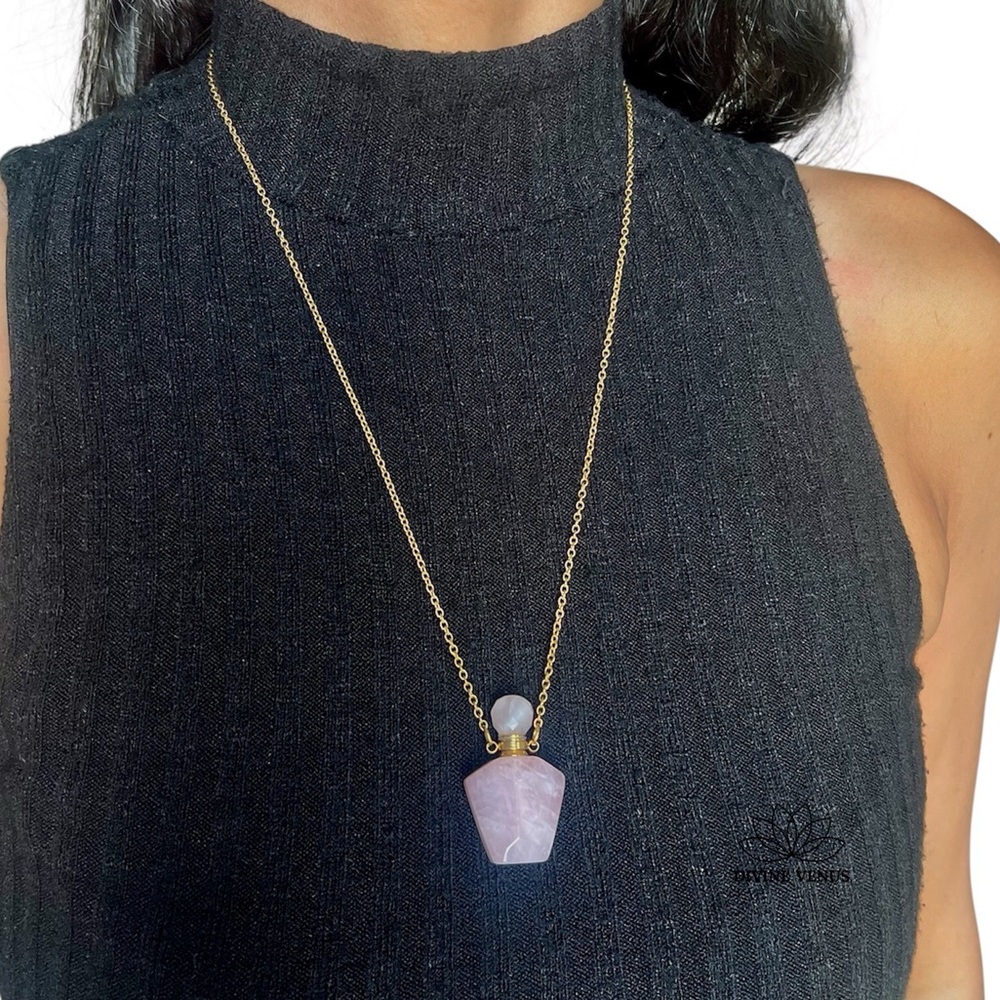 Rose Quartz Perfume Bottle Necklace | Gold Plated Stainless Steel | Crystal Vial
